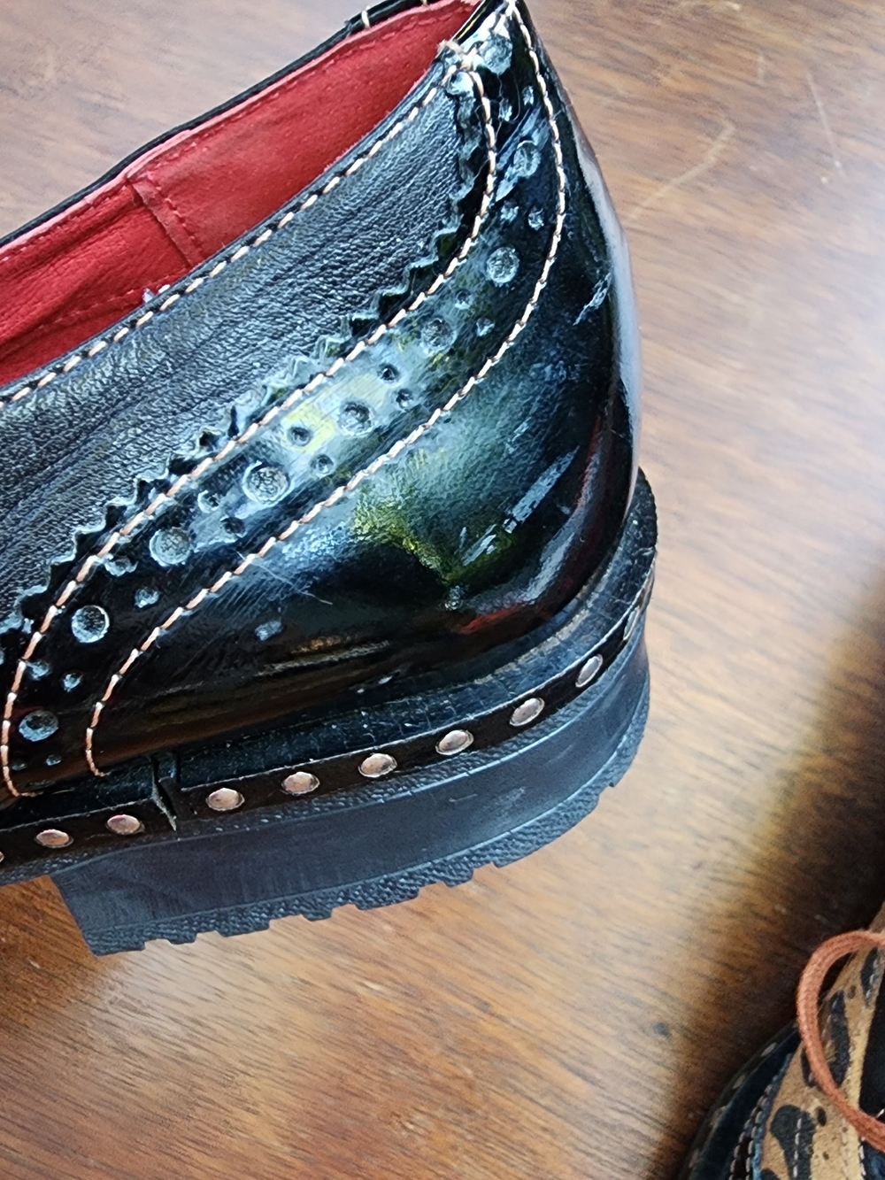 Girotti Custom Leather Oxford Brogues Black Patent Leopard Studded 39 - Picture 9 of 15